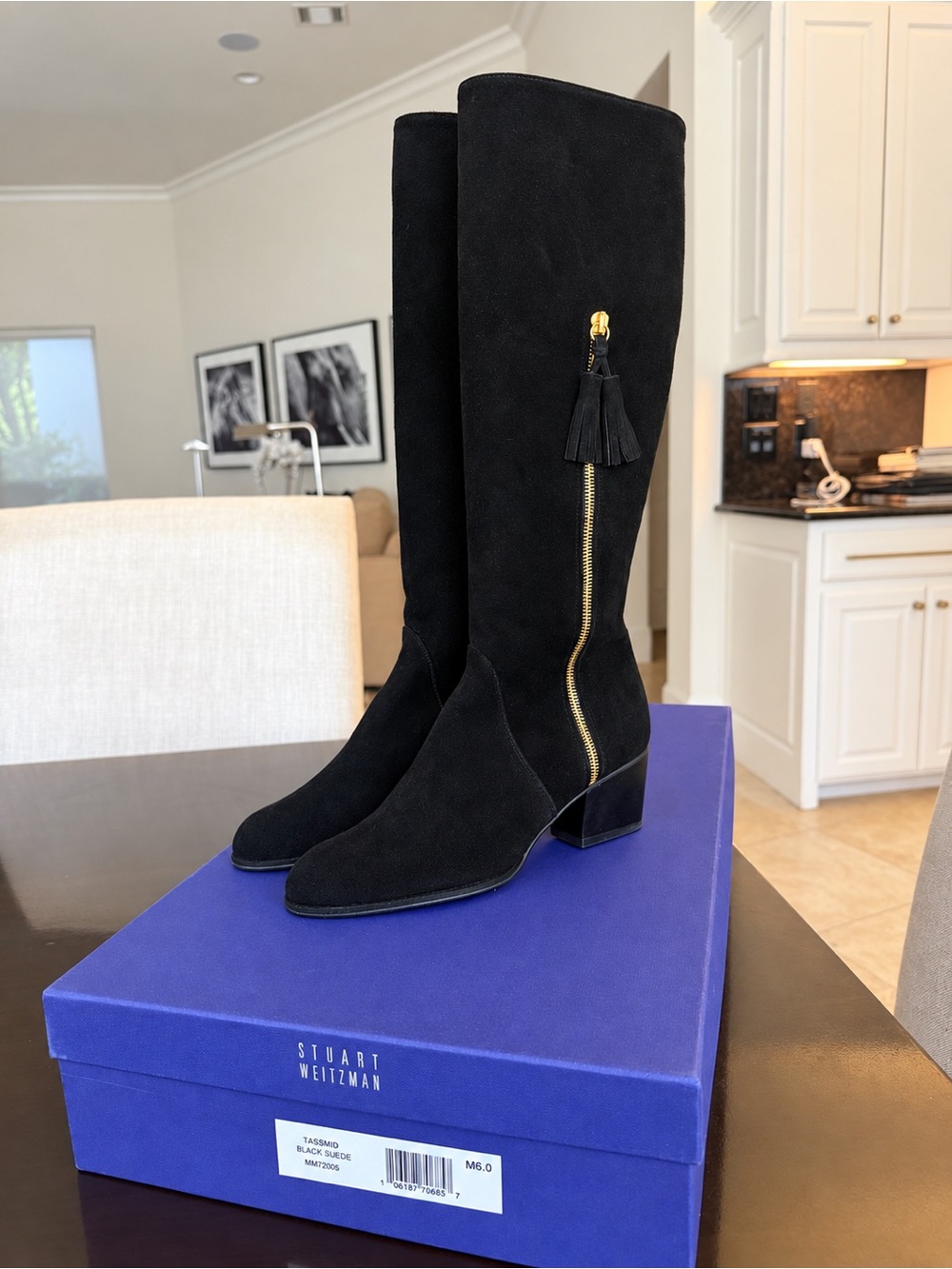Stuart Weitzman Black Suede Tassmid knee high boot w/ Gold Zip size 6 New In Box